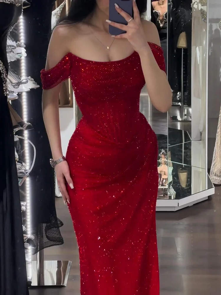 Elegant Mermaid Off-shoulder Sequined Slim Fit Prom Dress Long Evening Dresses C2065