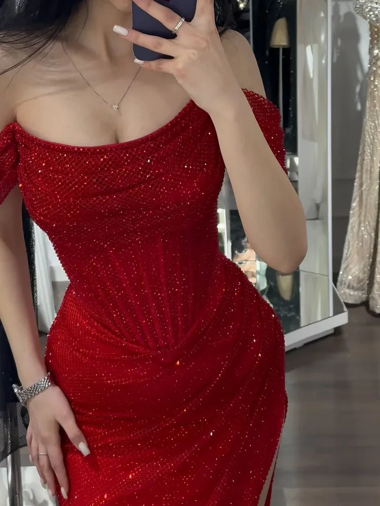 Elegant Mermaid Off-shoulder Sequined Slim Fit Prom Dress Long Evening Dresses C2065