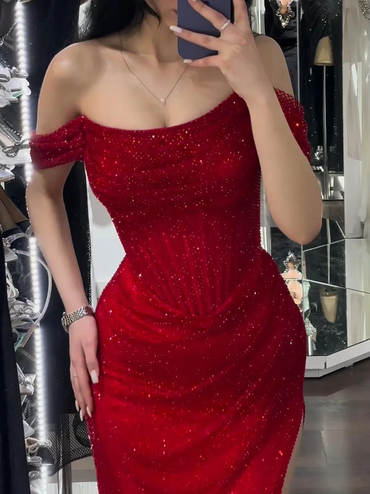 Elegant Mermaid Off-shoulder Sequined Slim Fit Prom Dress Long Evening Dresses C2065