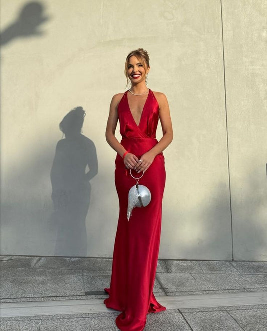 Elegant Mermaid Halter V Neckline Slim Fit Satin Red Prom Dress Long Evening Dresses C2066