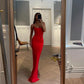 Robe de soirée longue rouge sexy à bretelles spaghetti et coupe ajustée C2078