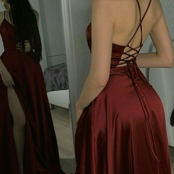 Sexy A line Spaghetti Straps Slim Fit Red Long Prom Dress Slit Evening Dresses C2081