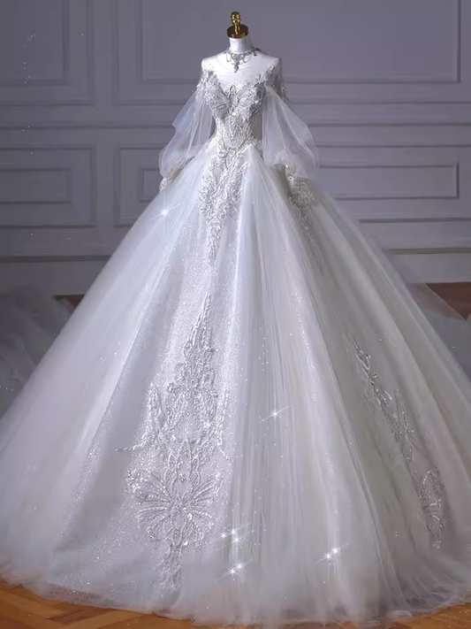 Princess Ball Gown Scoop neckline Long Sleeves Tulle Wedding Dresses C208