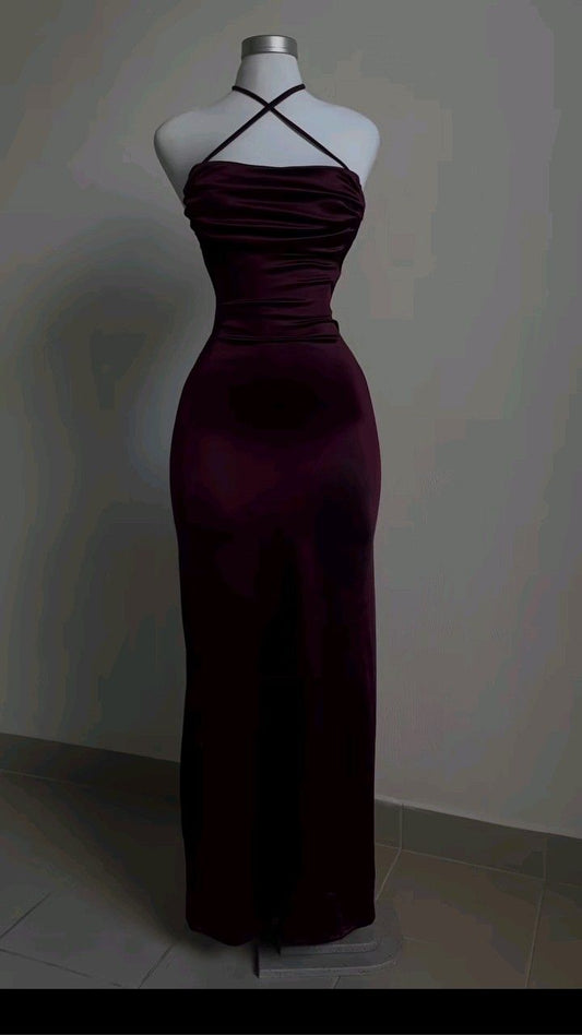 Sexy Sheath Halter Burgundy Slim Fit Long Prom Dress Evening Dresses C2094