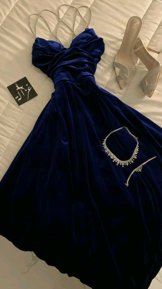 Robe de soirée en velours bleu royal à bretelles spaghetti en ligne A mignonne, tenue pour 21e anniversaire C2096