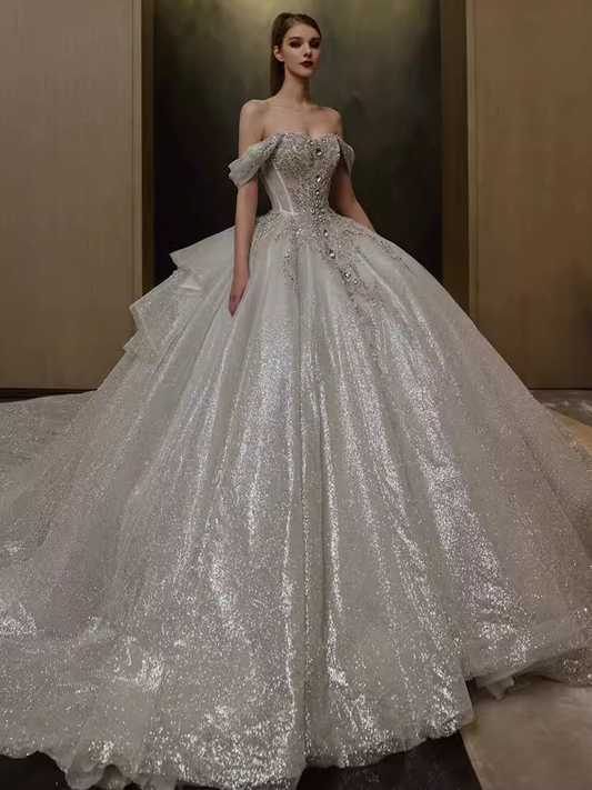 Elegant Ball Gown Off The Shoulder Sequin Short Sleeves Sequin Wedding Dresses C211