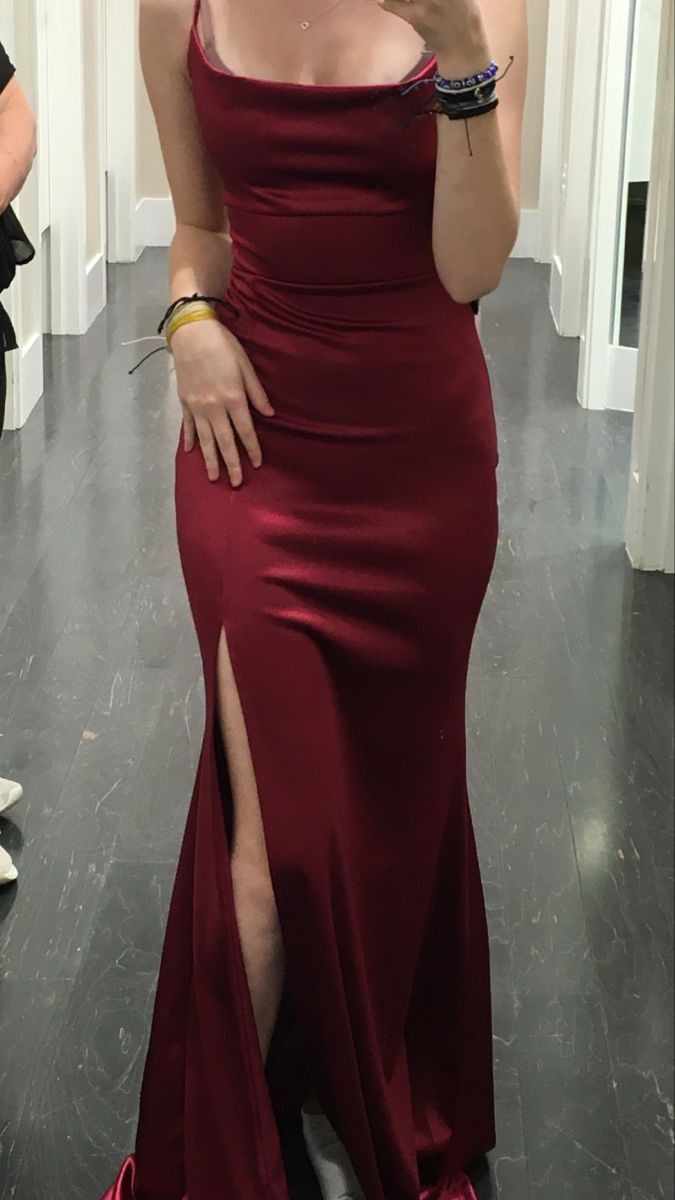 Elegant Mermaid Straps Burgundy Slit Satin Long Prom Dress Evening Dresses C2121