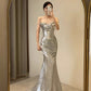 Sexy Mermaid Spaghetti Straps Silver Sequin Long Prom Dress Evening Dresses C2129