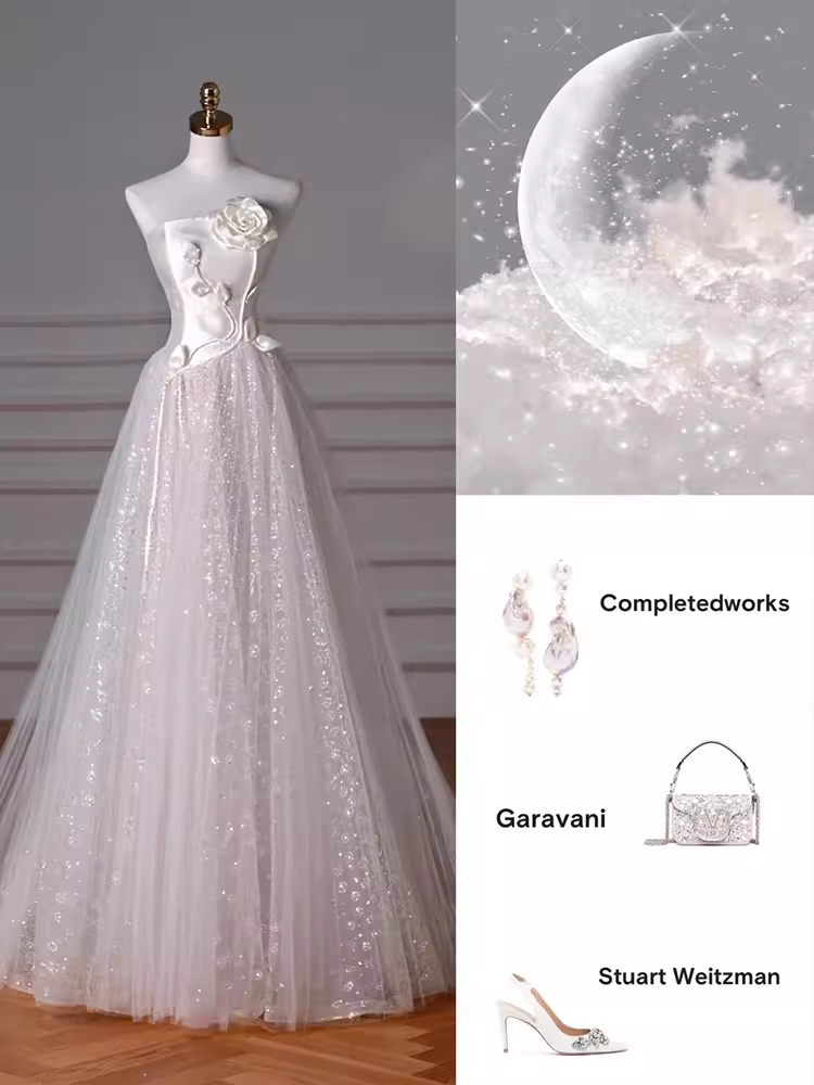 Robe de mariée longue en Tulle, ligne A, romantique, sans bretelles, C212