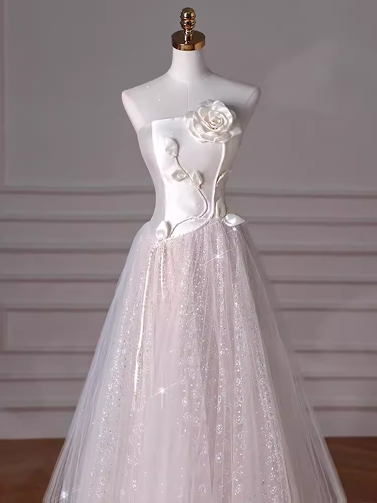 Robe de mariée longue en Tulle, ligne A, romantique, sans bretelles, C212