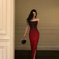 Sexy Mermaid Strapless Ombre Burgundy Satin Long Prom Dress Evening Dresses C2130