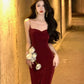 Sexy Mermaid Straps Velvet Burgundy Long Prom Dress Evening Dresses C2132