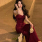 Sexy Mermaid Straps Velvet Burgundy Long Prom Dress Evening Dresses C2132