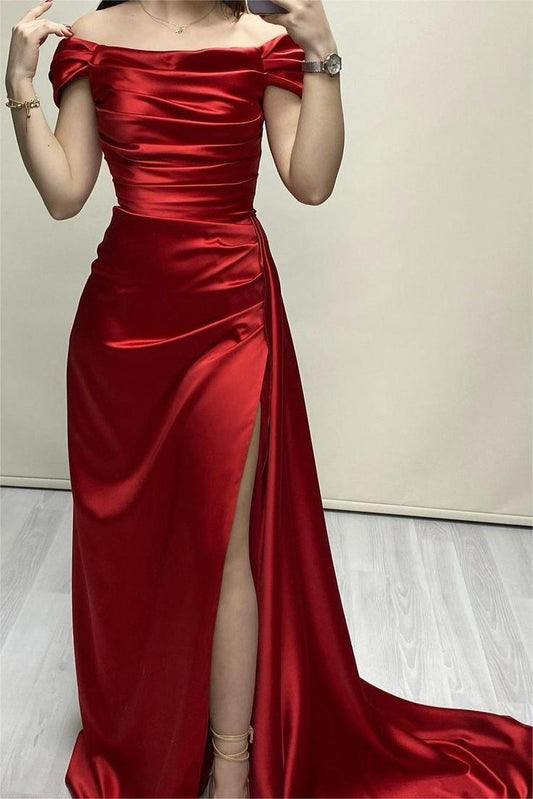 Robe de soirée longue sexy fourreau à épaules dénudées et fente rouge C2145