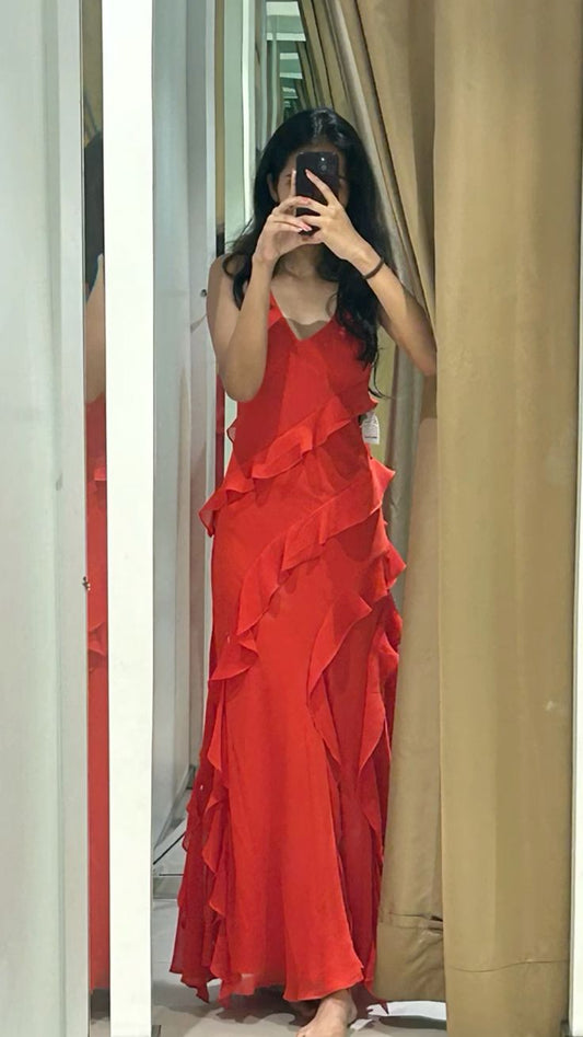 Sexy Sheath Spaghetti Straps Chiffon Red Long Prom Dress Evening Dresses C2148