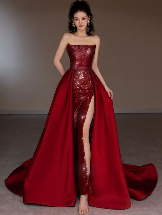 Robe de soirée sexy sirène rouge sans manches à paillettes longues C2149