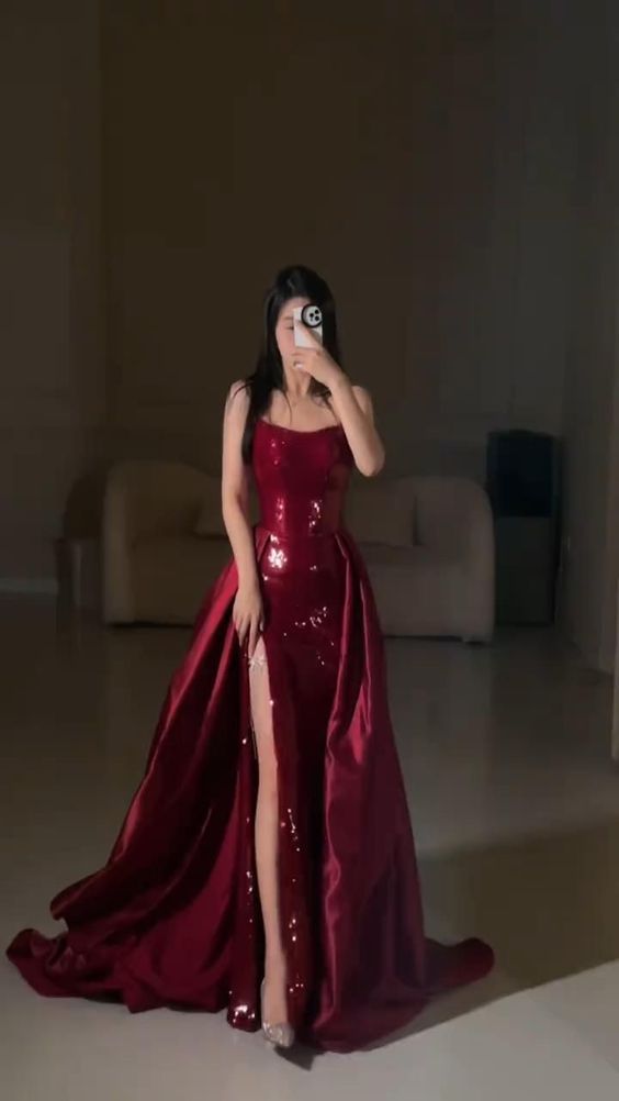 Robe de soirée sexy sirène rouge sans manches à paillettes longues C2149