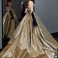 Modest A Line Strapless Satin Gold Long Prom Dresses C214