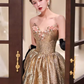 Modest A Line Strapless Satin Gold Long Prom Dresses C214