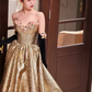 Modest A Line Strapless Satin Gold Long Prom Dresses C214