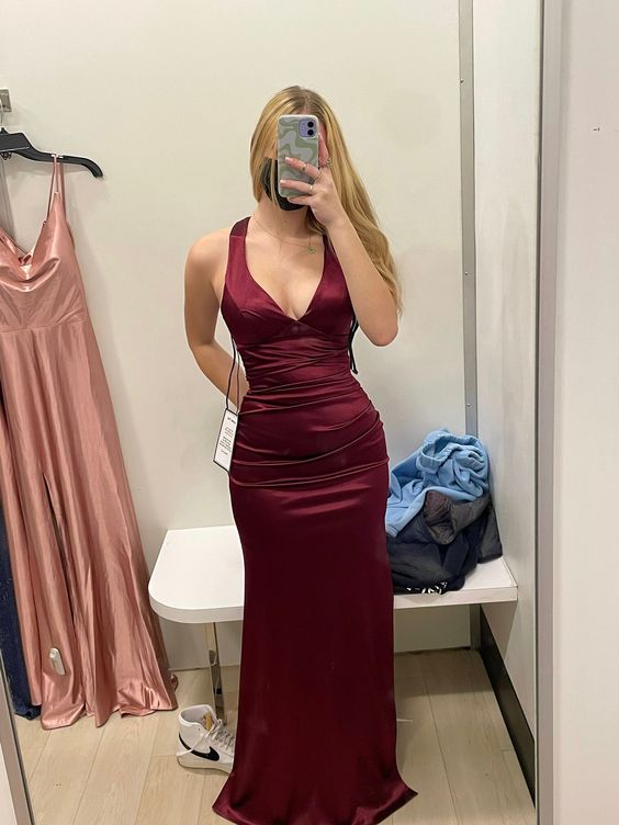 Sexy Mermaid Burgundy Sleeveless Long Satin Prom Dress Evening Dresses C2150