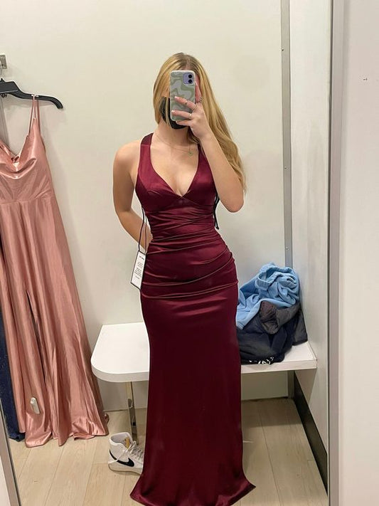 Robe de soirée sexy sirène bordeaux sans manches longue en satin C2150