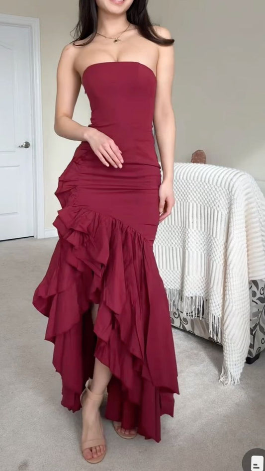 Sexy Sheath Irregular Burgundy Sleeveless Long Satin Prom Dress Evening Dresses C2151