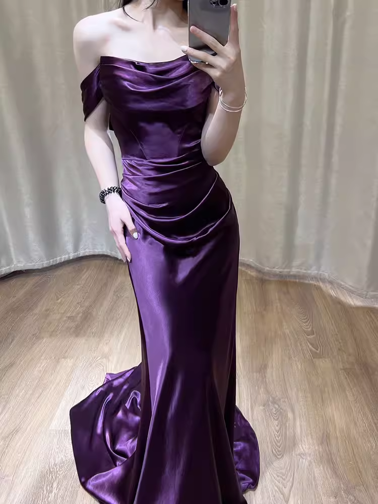 Robe de bal longue sirène sexy, épaules dénudées, raisin, C215