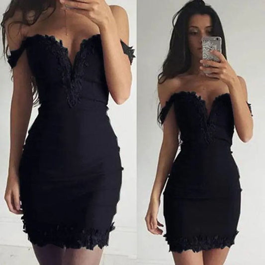 Modest Sheath Off the Shoulder Black Short Lace Homecoming Dresses Little Black Dress Birthday Outfits C2162