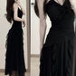 Modest Sheath Spaghetti Straps Chiffon Sleeveless Black Long Prom Dress Evening Dresses C2163