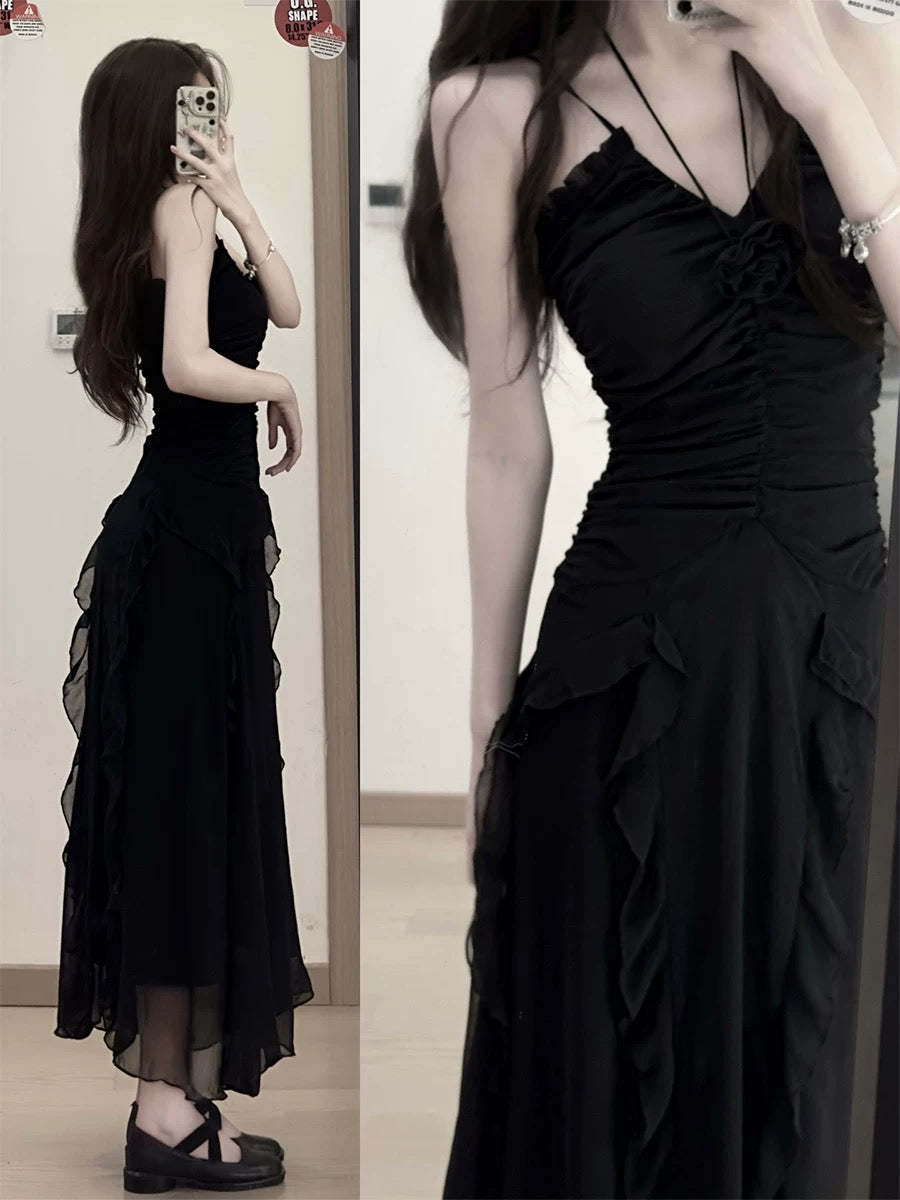 Modest Sheath Spaghetti Straps Chiffon Sleeveless Black Long Prom Dress Evening Dresses C2163