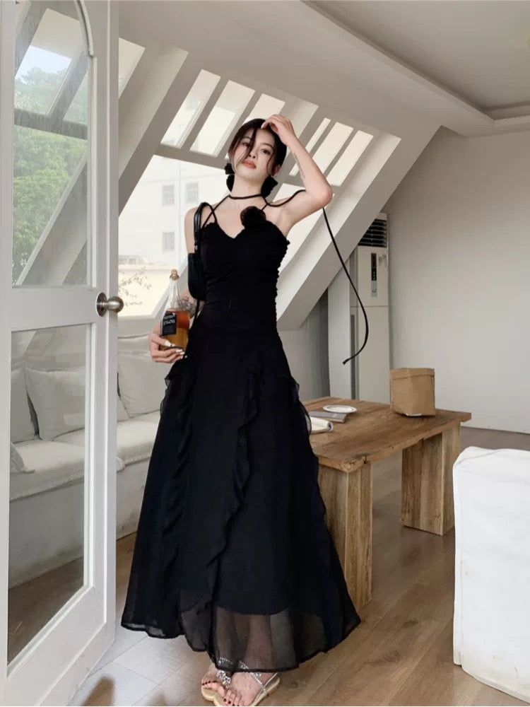 Modest Sheath Spaghetti Straps Chiffon Sleeveless Black Long Prom Dress Evening Dresses C2163