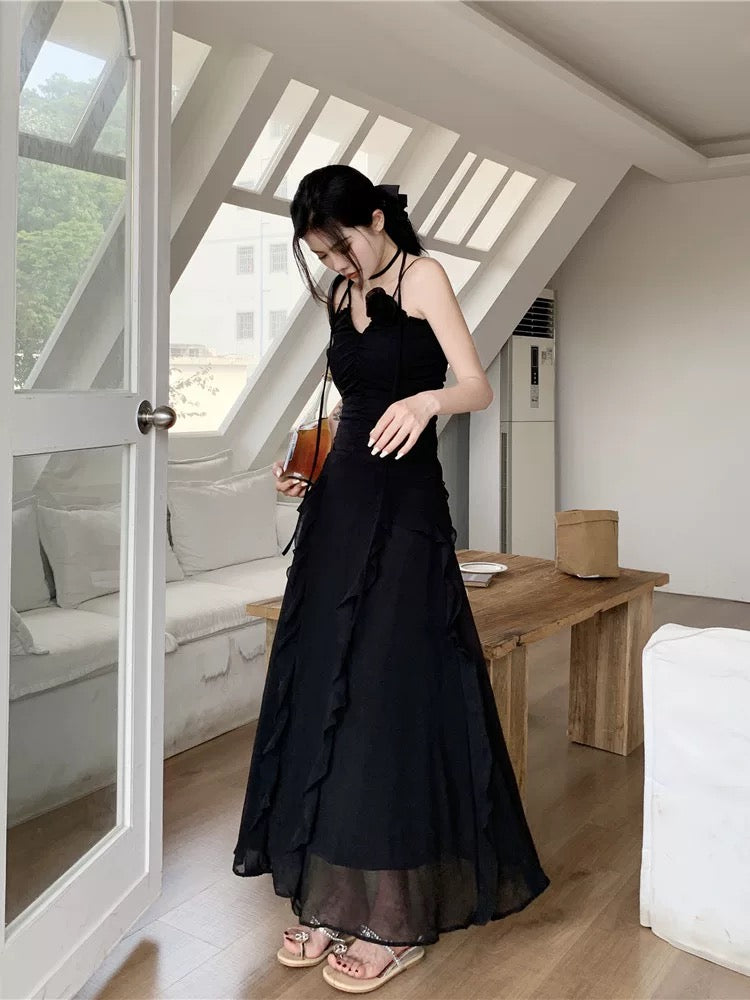 Modest Sheath Spaghetti Straps Chiffon Sleeveless Black Long Prom Dress Evening Dresses C2163