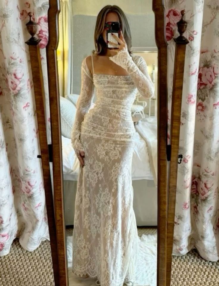 Modest Mermaid Strapless Lace Long Sleeves Ivory Long Prom Dress Evening Dresses C2170