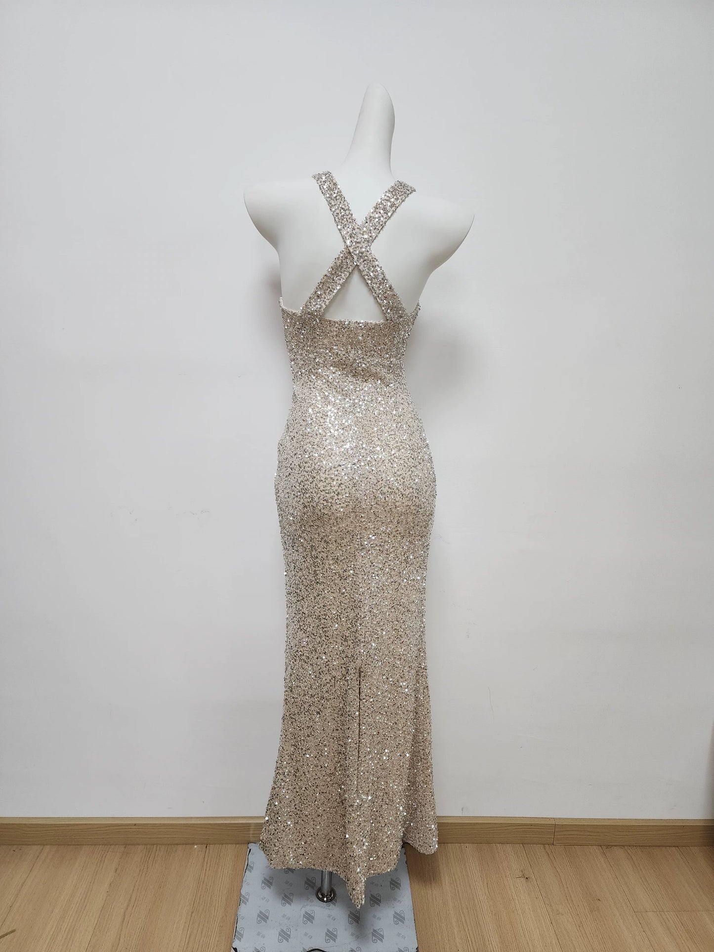 Modest Mermaid Straps Long Sequin Champagne Prom Dress Evening Dresses C2174