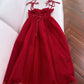 Elegant A line Spaghetti Straps Red Slim Fit Tulle Prom Dress Evening Dresses C2175