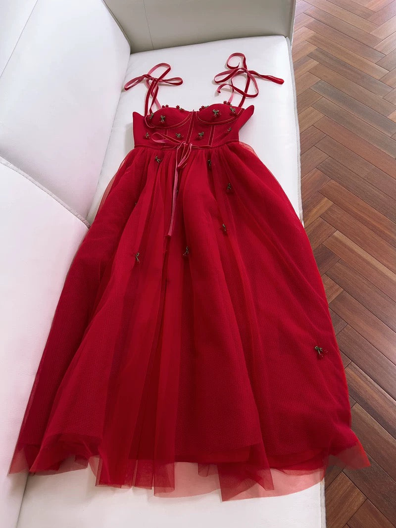 Elegant A line Spaghetti Straps Red Slim Fit Tulle Prom Dress Evening Dresses C2175