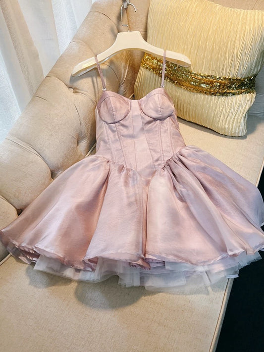 Simple A Line Spaghetti Straps Pink Short Homecoming Dresses 18th Birthday Outfit C2177