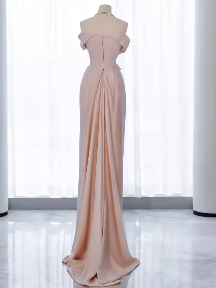 Sirène modeste hors de l'épaule rose Satin longues robes de bal C217