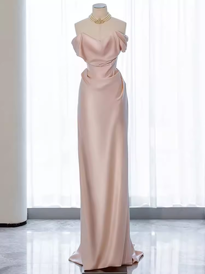 Modest Mermaid Off The Shoulder PInk Satin Long Prom Dresses C217