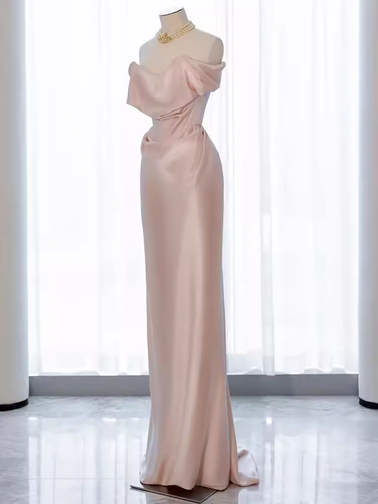 Sirène modeste hors de l'épaule rose Satin longues robes de bal C217