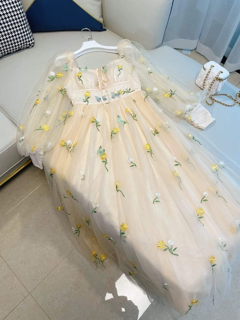 Robe de soirée élégante en dentelle florale jaune à décolleté carré et ligne A C2187