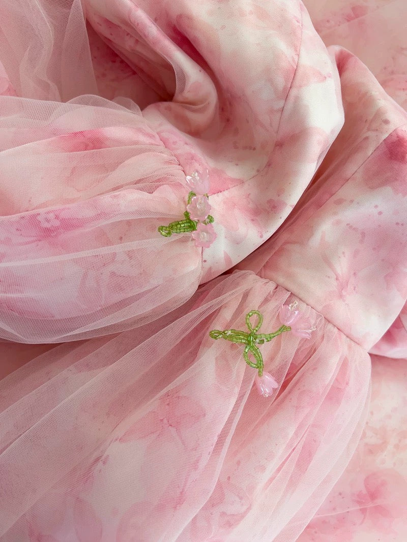 Robe de soirée élégante en tulle à fleurs rose avec décolleté carré et ligne A C2188