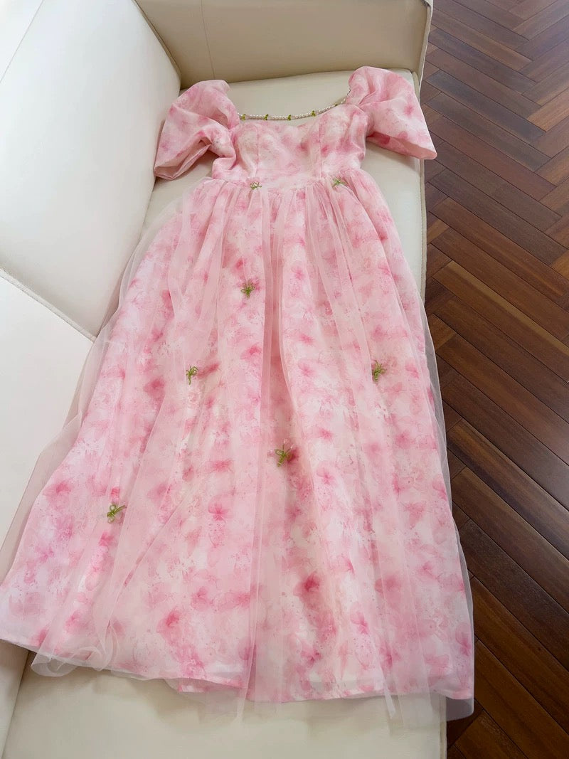 Robe de soirée élégante en tulle à fleurs rose avec décolleté carré et ligne A C2188