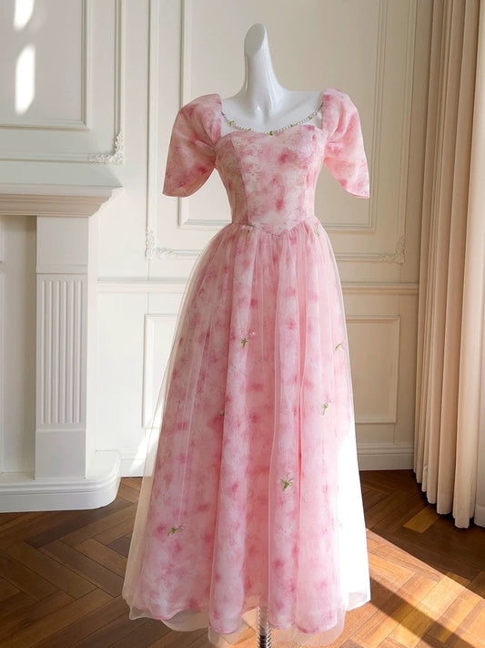 Robe de soirée élégante en tulle à fleurs rose avec décolleté carré et ligne A C2188