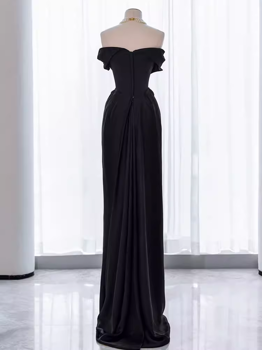 Modest Mermaid Off The Shoulder Black Satin Long Prom Dresses C218