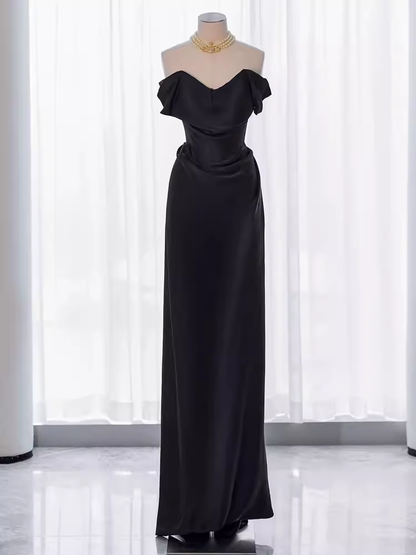 Modest Mermaid Off The Shoulder Black Satin Long Prom Dresses C218