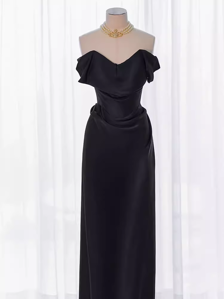 Modest Mermaid Off The Shoulder Black Satin Long Prom Dresses C218