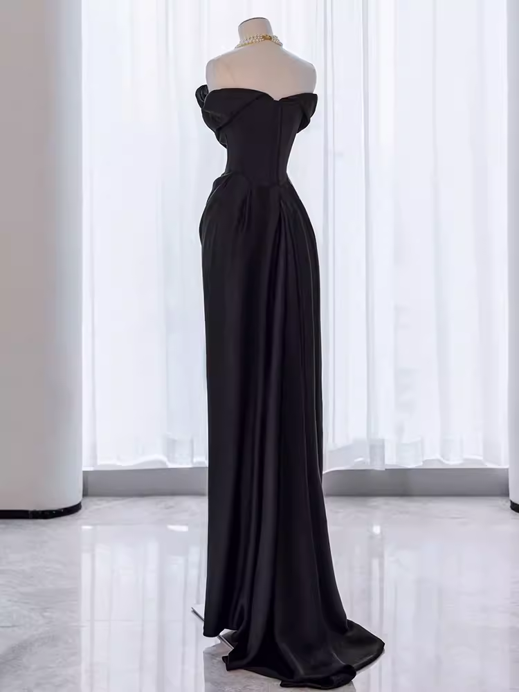 Modest Mermaid Off The Shoulder Black Satin Long Prom Dresses C218