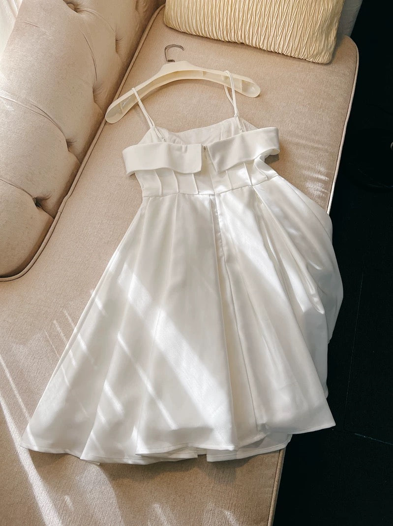 Modest A Line Spaghetti Straps White Short Satin Homecoming Dresses Party Dress C2197